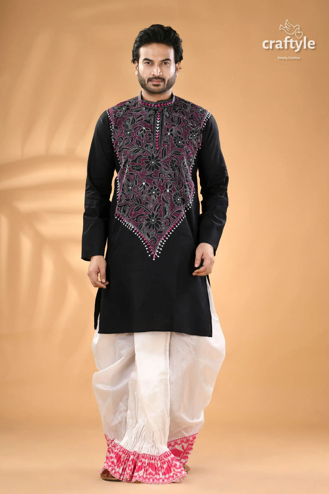 Magenta thread black hand embroidery men’s kurta reverse stitch men’s black embroidered kurta white 1