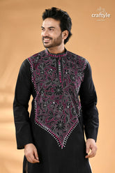 Magenta thread black hand embroidery men’s kurta reverse stitch black men’s kurta elaborate pink 2