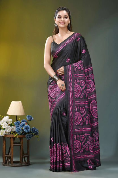 Magenta thread floral silk kantha stitch saree in black black saree intricate pink floral 6