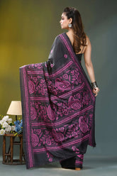 Magenta thread floral silk kantha stitch saree in black black saree vibrant pink paisley 5
