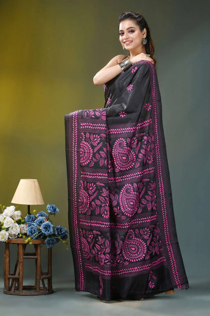 Magenta thread floral silk kantha stitch saree in black black silk saree vibrant magenta 3