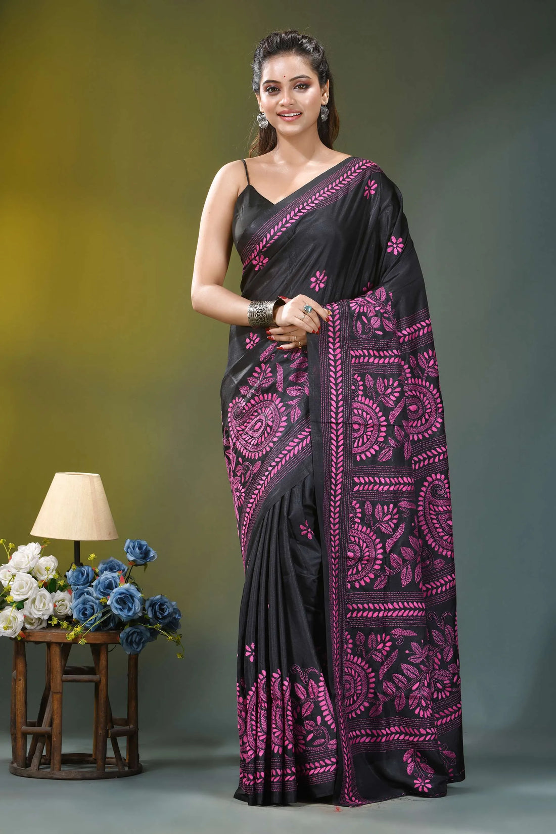 Magenta thread floral silk kantha stitch saree in black black silk saree intricate pink 1