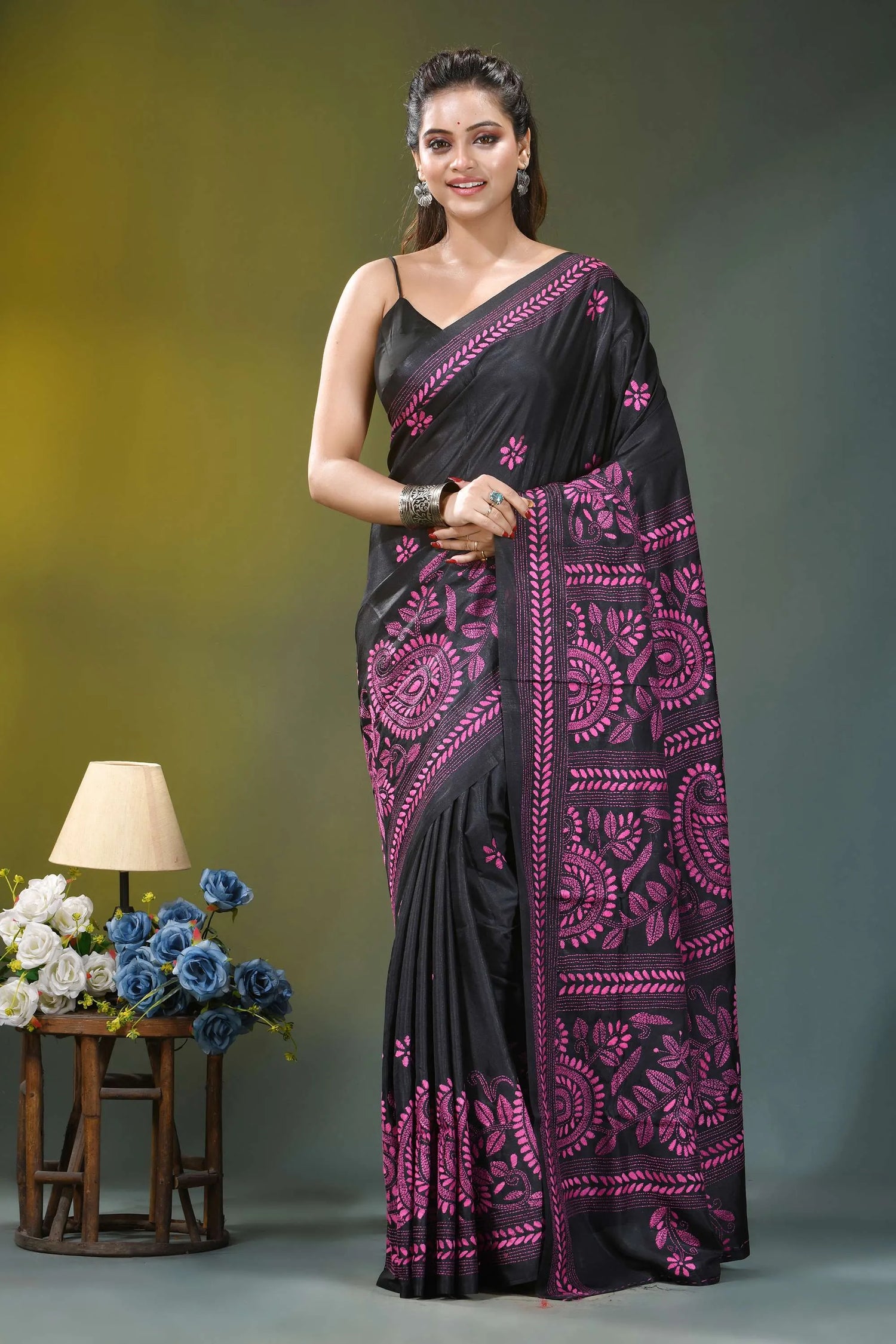 Magenta thread floral silk kantha stitch saree in black black silk saree intricate pink 1