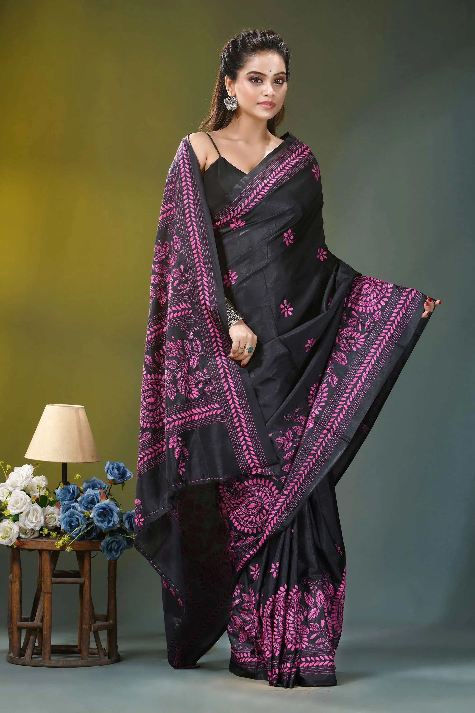 Magenta thread floral silk kantha stitch saree in black black silk saree vibrant pink 4