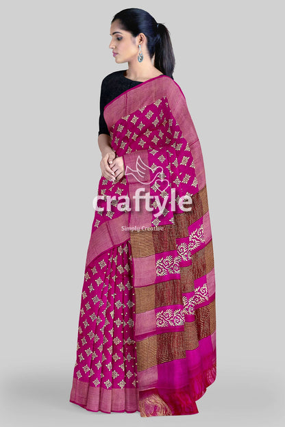 Magenta White Hand Block Print Zari Border Pure Tussar Silk Saree - Craftyle