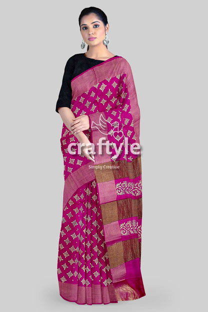 Magenta White Hand Block Print Zari Border Pure Tussar Silk Saree - Craftyle