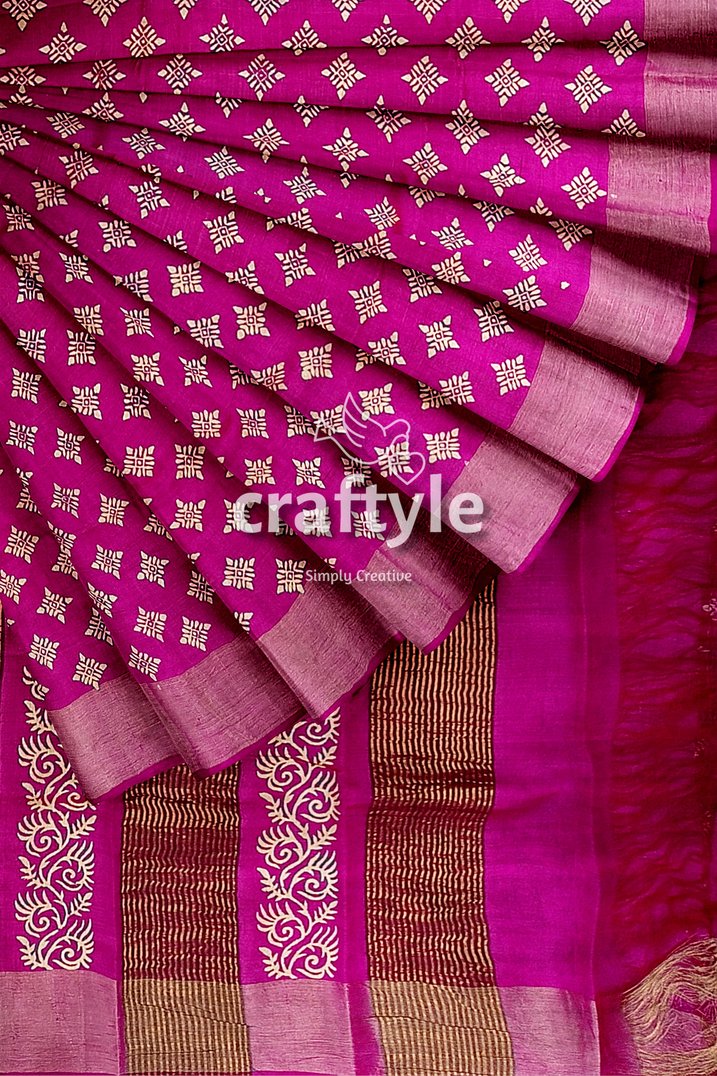 Magenta White Hand Block Print Zari Border Pure Tussar Silk Saree - Craftyle