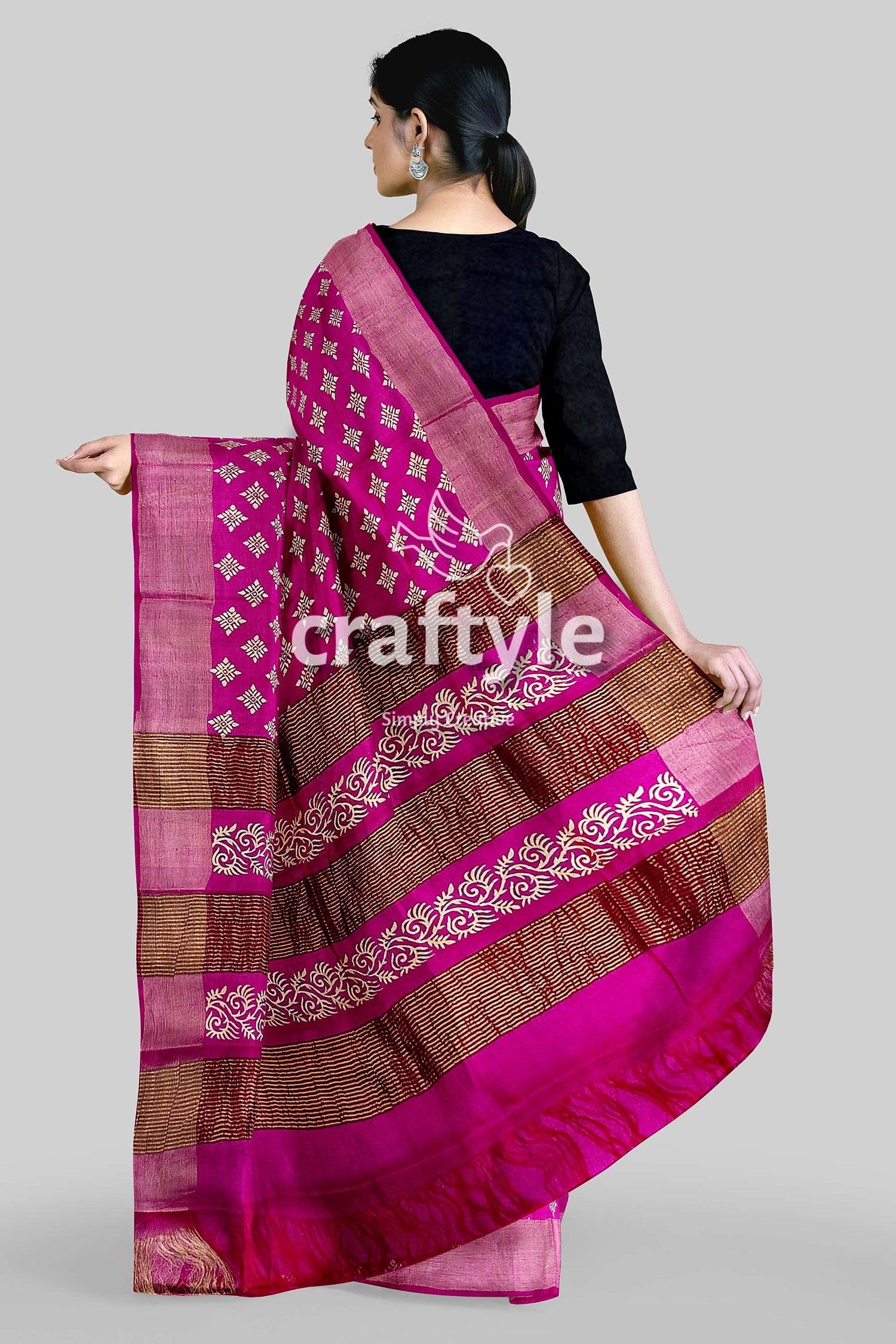 Magenta White Hand Block Print Zari Border Pure Tussar Silk Saree - Craftyle