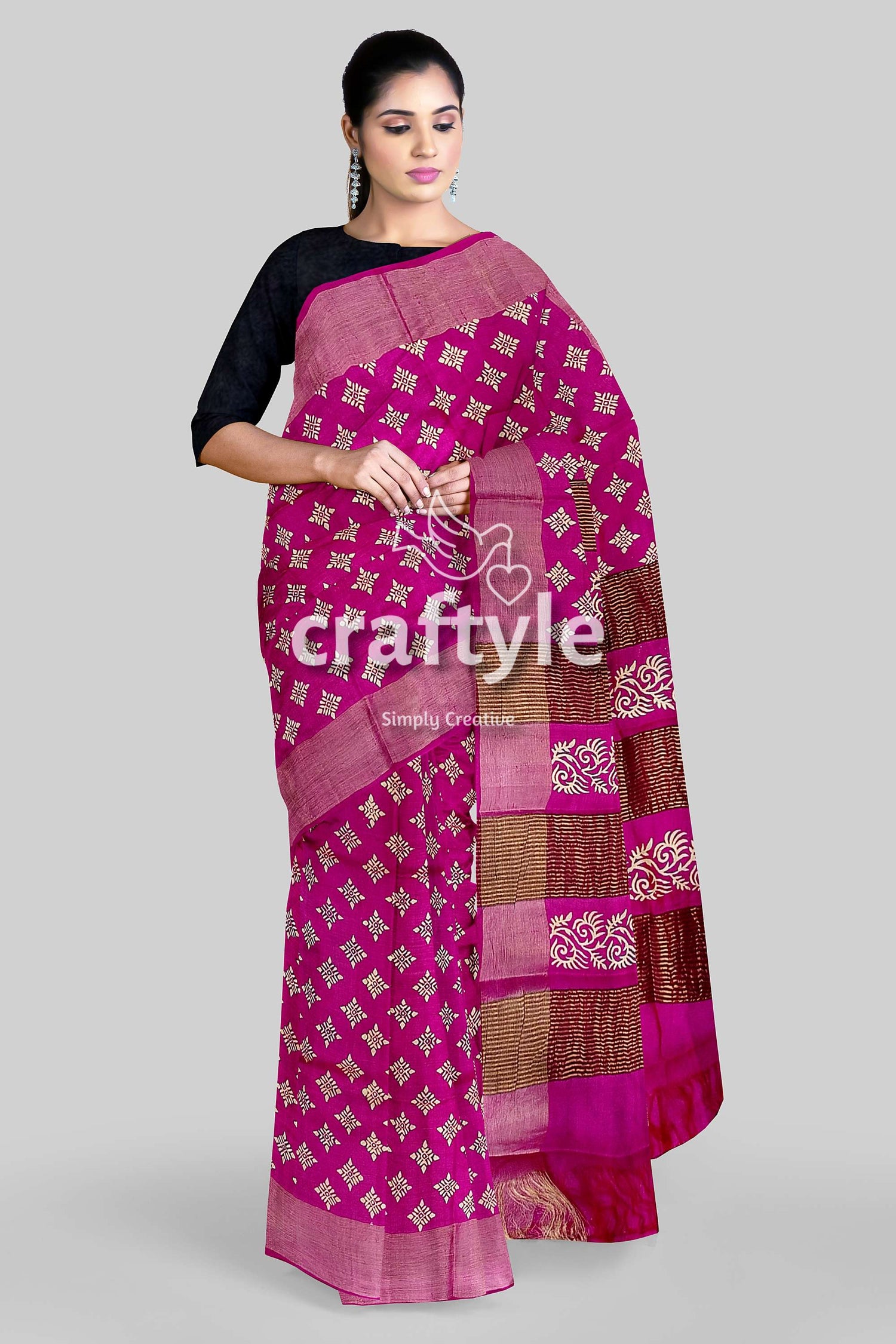 Magenta White Hand Block Print Zari Border Pure Tussar Silk Saree - Craftyle