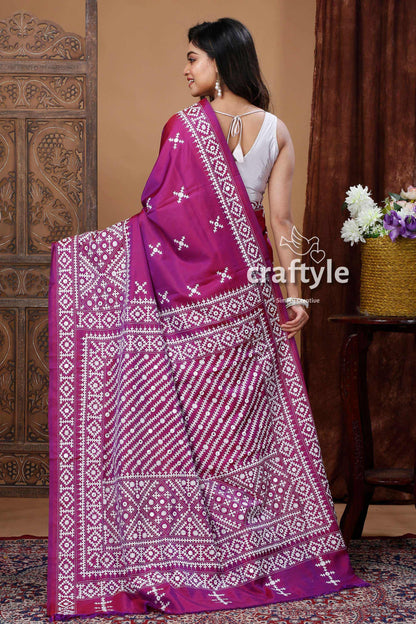 Magenta White Kutch Work Kantha Silk Saree with Blouse Piece-Craftyle