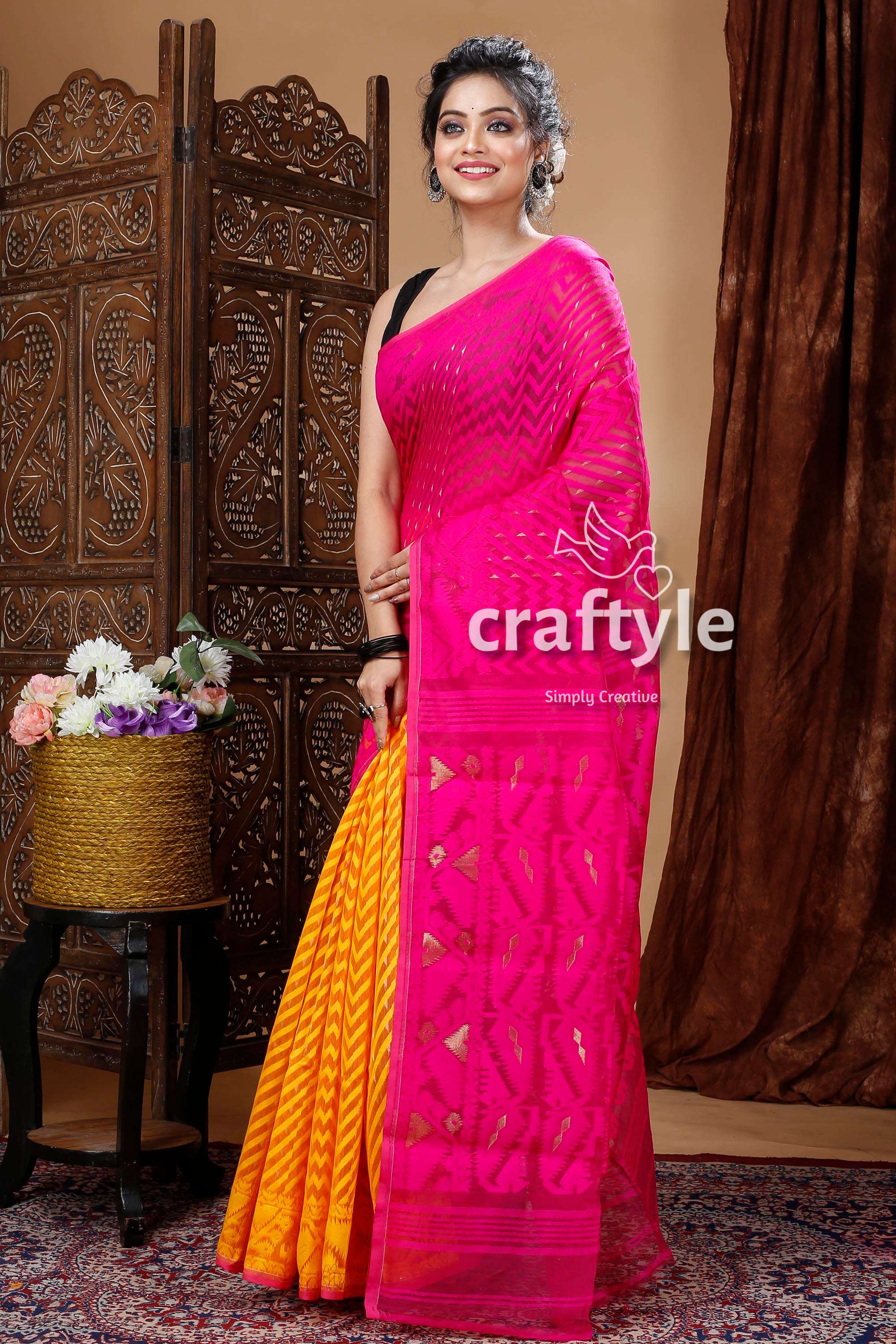 Magenta &amp; Yellow Graceful Handloom Jamdani Saree - Craftyle