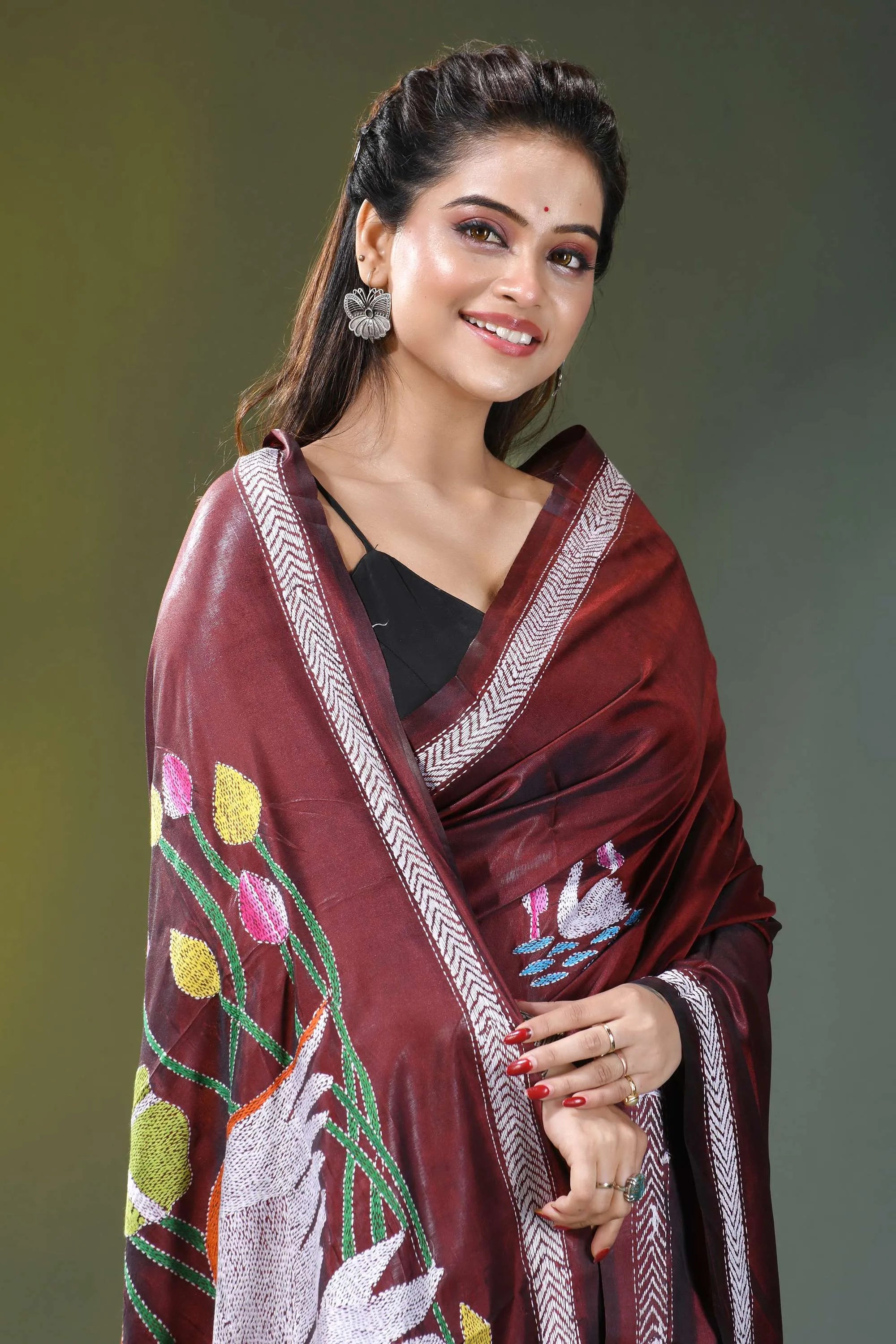 Mahogany brown artisanal swan motif silk kantha work saree maroon velvet saree intricate embroidered 2