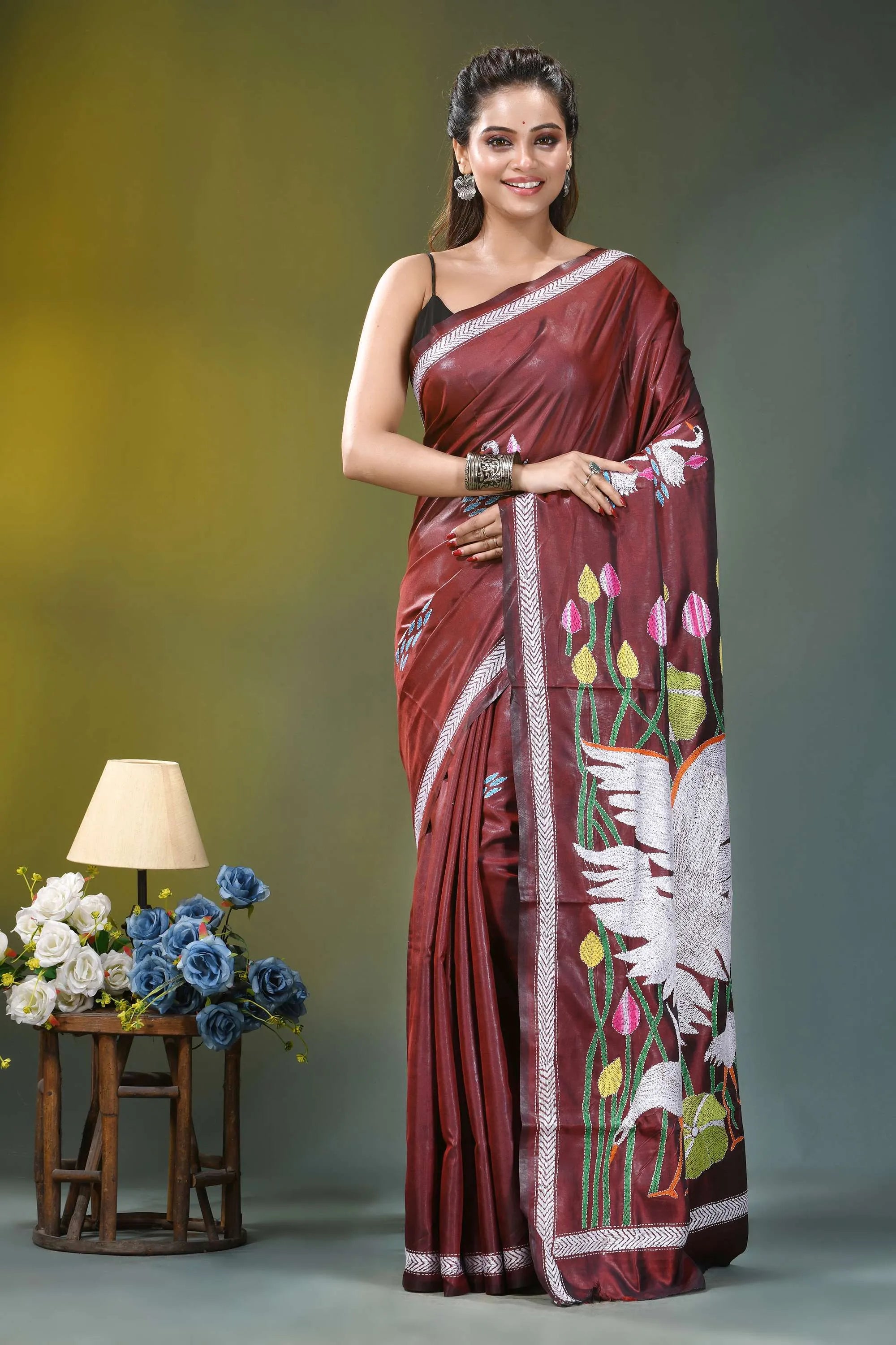 Mahogany brown artisanal swan motif silk kantha work saree maroon silk saree intricate white 1