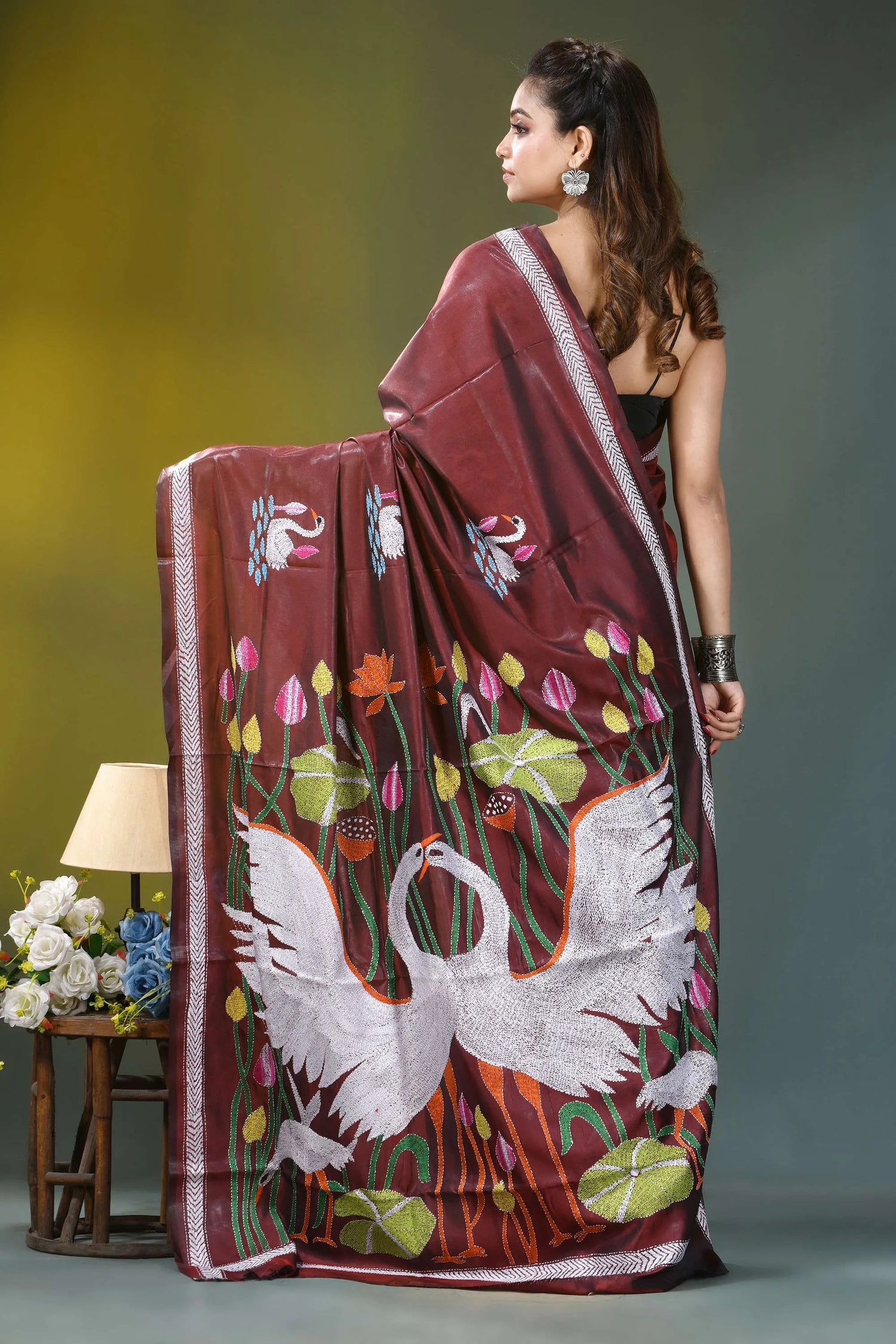 Mahogany brown artisanal swan motif silk kantha work saree maroon silk saree adorned intricate 5
