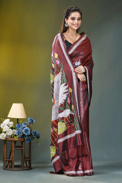 Mahogany brown artisanal swan motif silk kantha work saree maroon silk saree intricate white 4