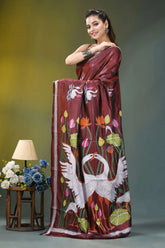 Mahogany brown artisanal swan motif silk kantha work saree maroon silk saree adorned intricate 3