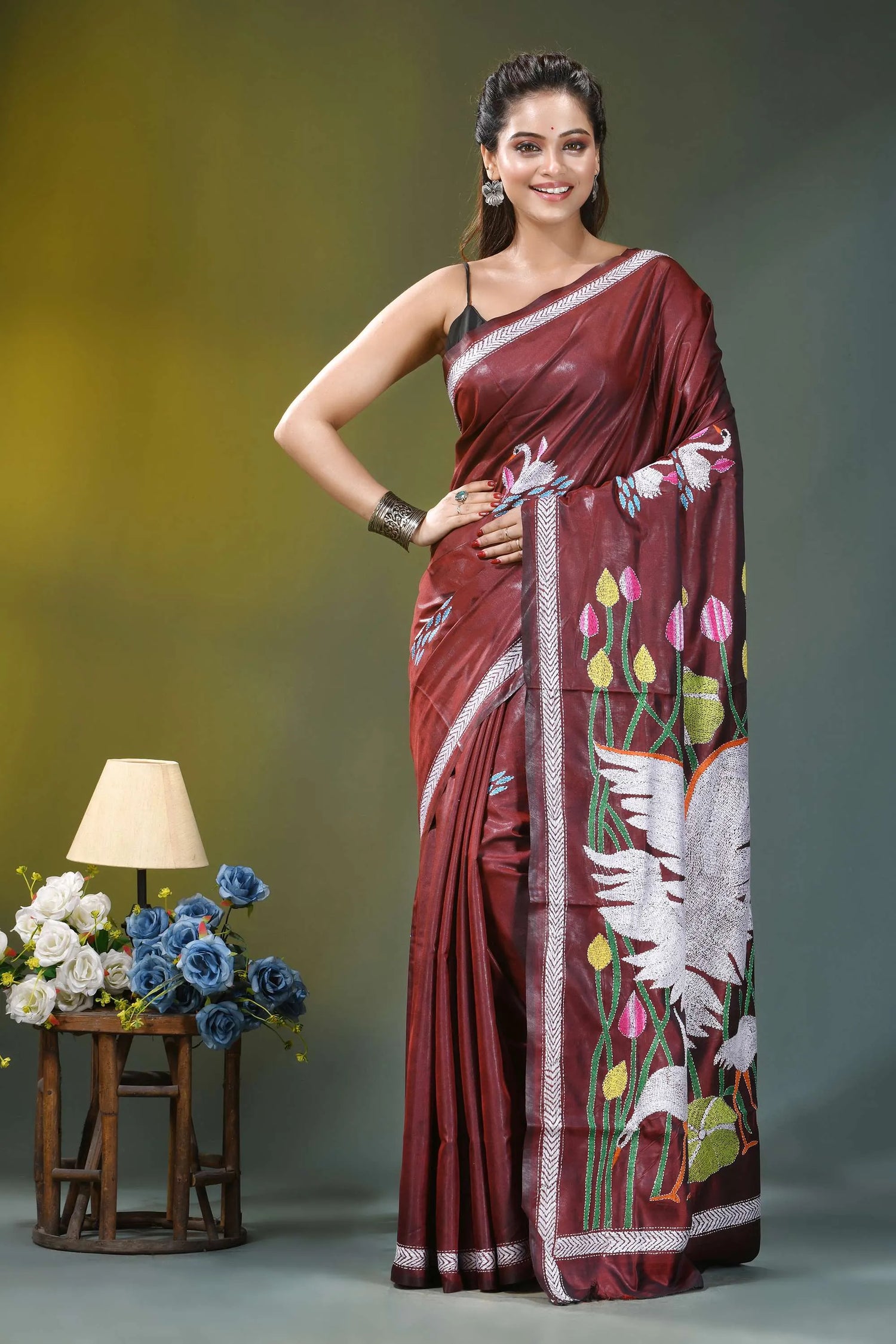 Mahogany brown artisanal swan motif silk kantha work saree maroon silk saree adorned intricate 6
