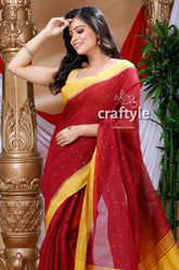 Mahogany Red & Mustard Yellow Handloom Cotton Saree-Craftyle