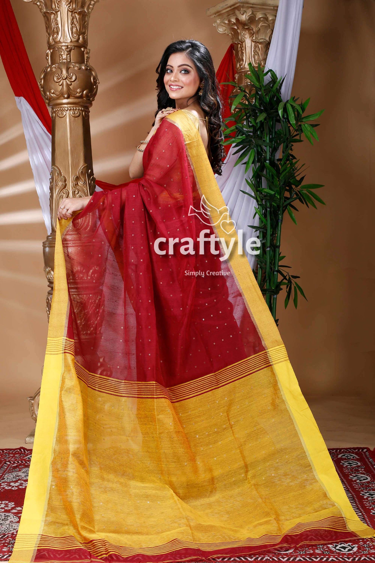 Mahogany Red &amp; Mustard Yellow Handloom Cotton Saree-Craftyle