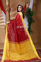 Mahogany Red & Mustard Yellow Handloom Cotton Saree-Craftyle