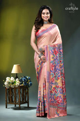 Mandys pink floral design hand kantha stitch batik silk saree woman wears peach-colored silk saree 1