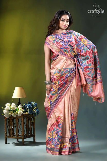 Mandys pink floral design hand kantha stitch batik silk saree woman wears peach-colored silk saree 7