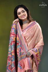 Mandys pink floral design hand kantha stitch batik silk saree woman wears peach-colored silk saree 2