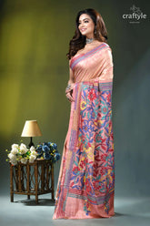 Mandys pink floral design hand kantha stitch batik silk saree peach-colored silk saree intricate multicolored 4