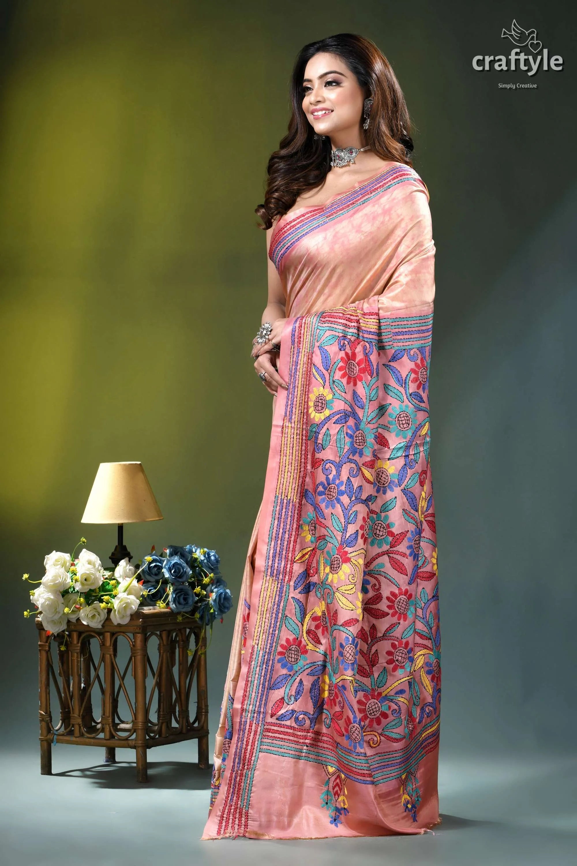 Mandys pink floral design hand kantha stitch batik silk saree peach-colored silk saree intricate multicolored 4