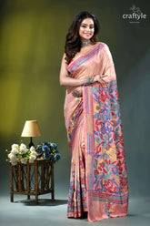 Mandys pink floral design hand kantha stitch batik silk saree woman wears peach-colored silk saree 3