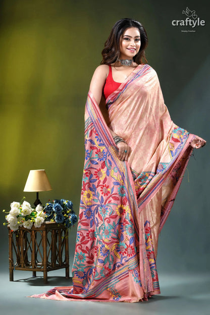 Mandys pink floral design hand kantha stitch batik silk saree woman wears peach-colored silk saree 8