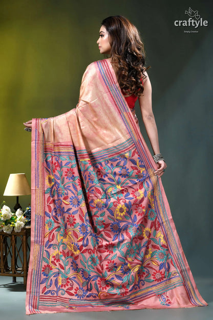 Mandys pink floral design hand kantha stitch batik silk saree peach-colored silk saree intricate floral 6