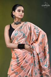 Mandys pink hand stitched ethnic silk kantha saree peach-colored silk saree intricate teal 2