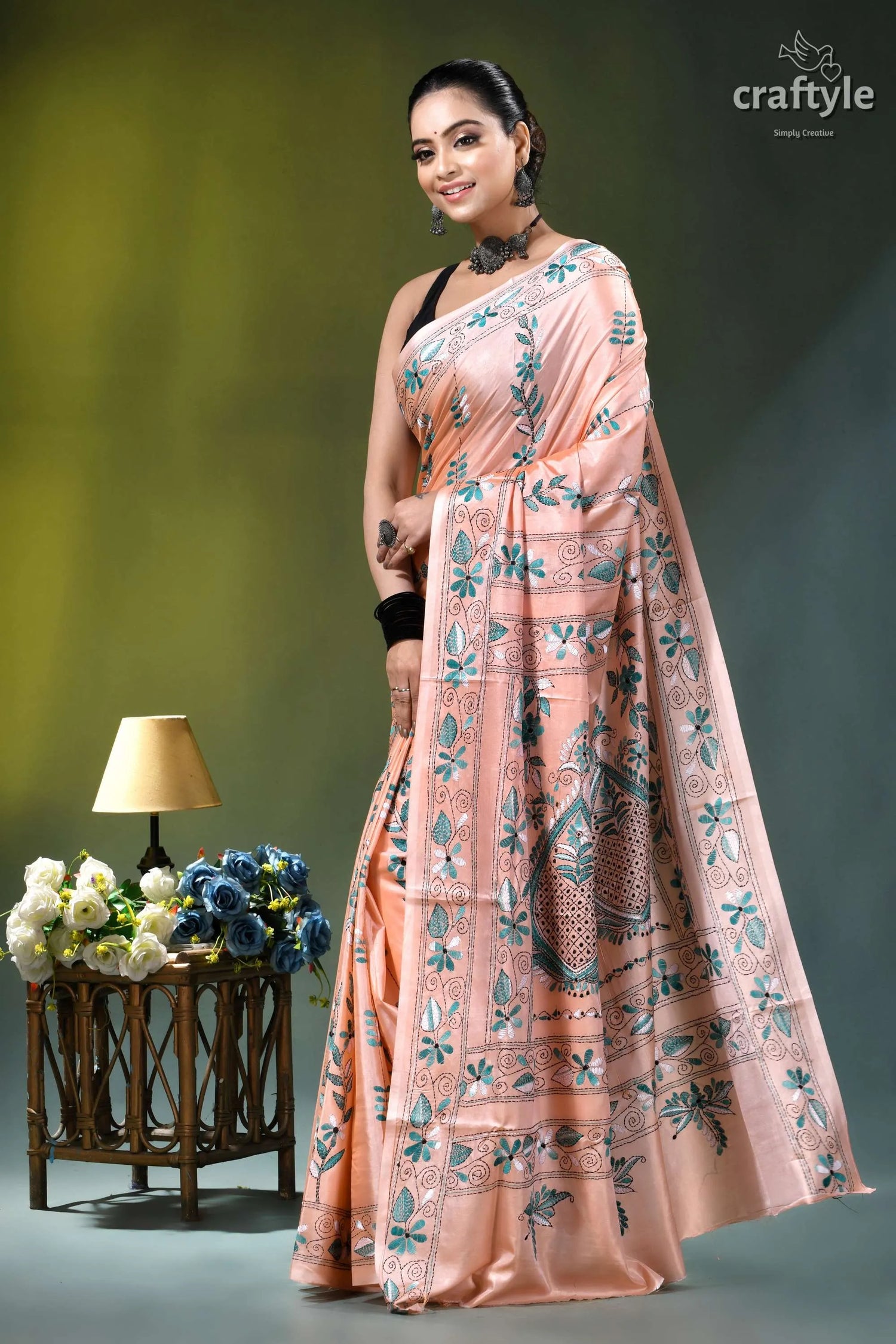 Mandys pink hand stitched ethnic silk kantha saree peach-colored silk saree intricate green 3