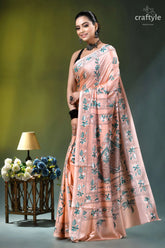 Mandys pink hand stitched ethnic silk kantha saree peach-colored silk saree intricate green 3