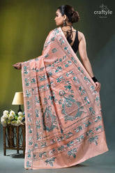 Mandys pink hand stitched ethnic silk kantha saree peach-colored silk saree adorned intricate 4