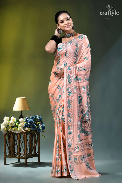 Mandys pink hand stitched ethnic silk kantha saree peach-colored silk saree adorned intricate 6