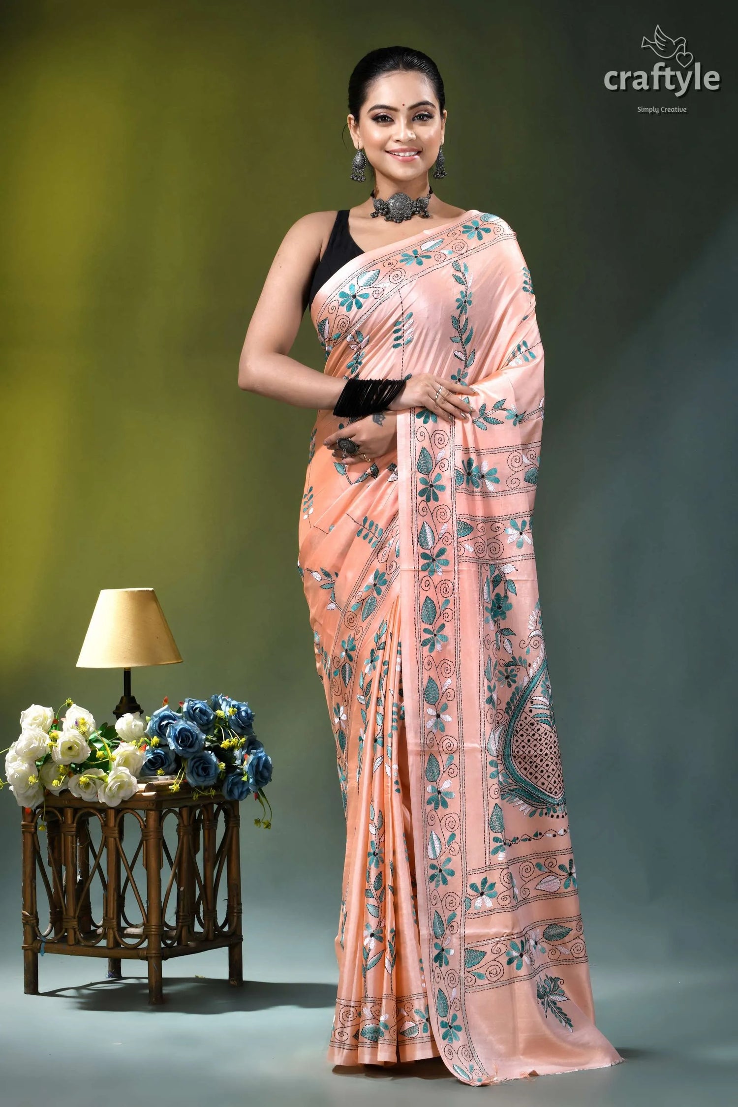 Mandys pink hand stitched ethnic silk kantha saree peach-colored silk saree adorned intricate 1