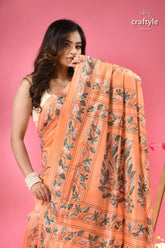 Mandys pink leaf design classic silk kantha work saree peach colored silk saree intricate floral 2