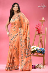 Mandys pink leaf design classic silk kantha work saree peach colored saree green blue floral 3