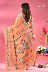 Mandys pink leaf design classic silk kantha work saree peach colored saree intricate floral leafy 5