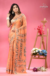 Mandys pink leaf design classic silk kantha work saree peach colored saree dark green floral 6