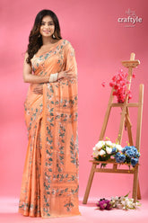 Mandys pink leaf design classic silk kantha work saree peach colored saree intricate floral leaf 1
