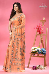 Mandys pink leaf design classic silk kantha work saree woman peach colored saree blue green 4