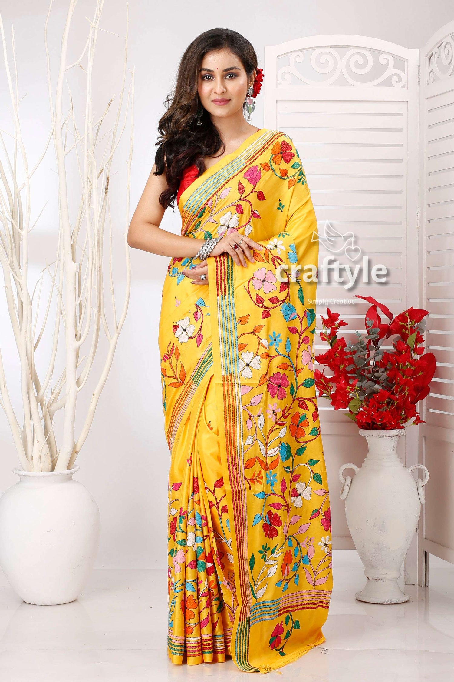 Marigold Yellow Flower Pattern Exclusive Kantha Silk Saree - Craftyle