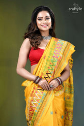 Marigold yellow hand embroidered floral design silk lambani saree vibrant yellow saree intricate multicolored 2