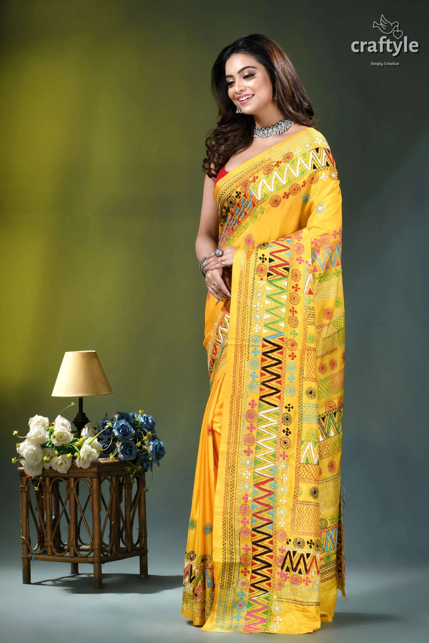 Marigold yellow hand embroidered floral design silk lambani saree vibrant yellow saree intricate geometric 3