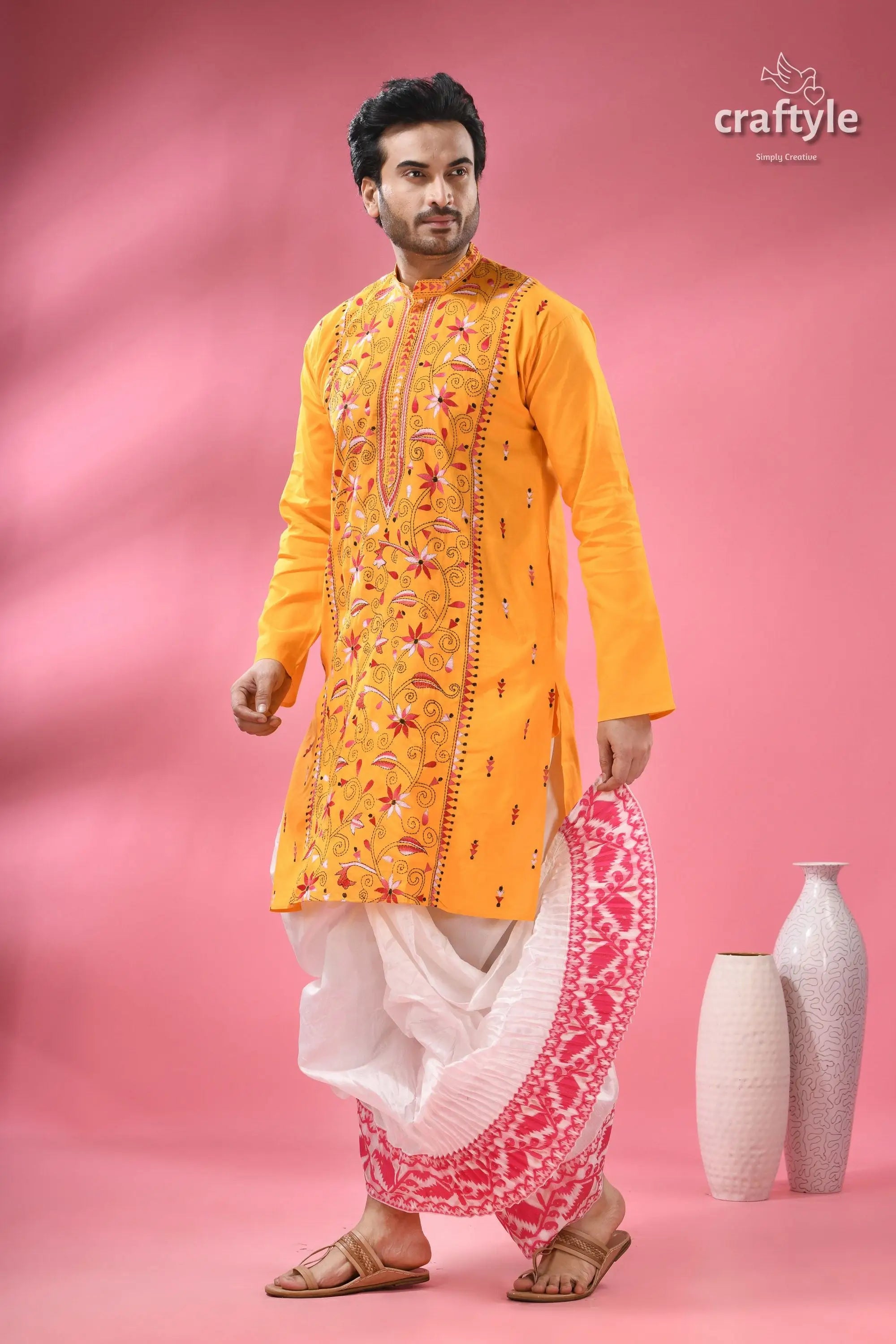 Marigold yellow kantha stitch cotton panjabi for men men’s yellow embroidered kurta white 3