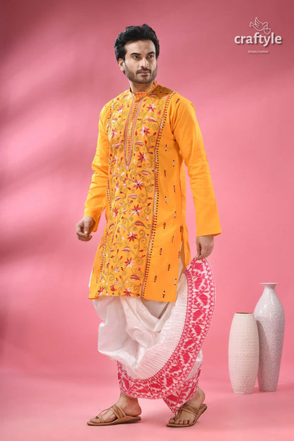 Marigold yellow kantha stitch cotton panjabi for men men’s yellow embroidered kurta white 3