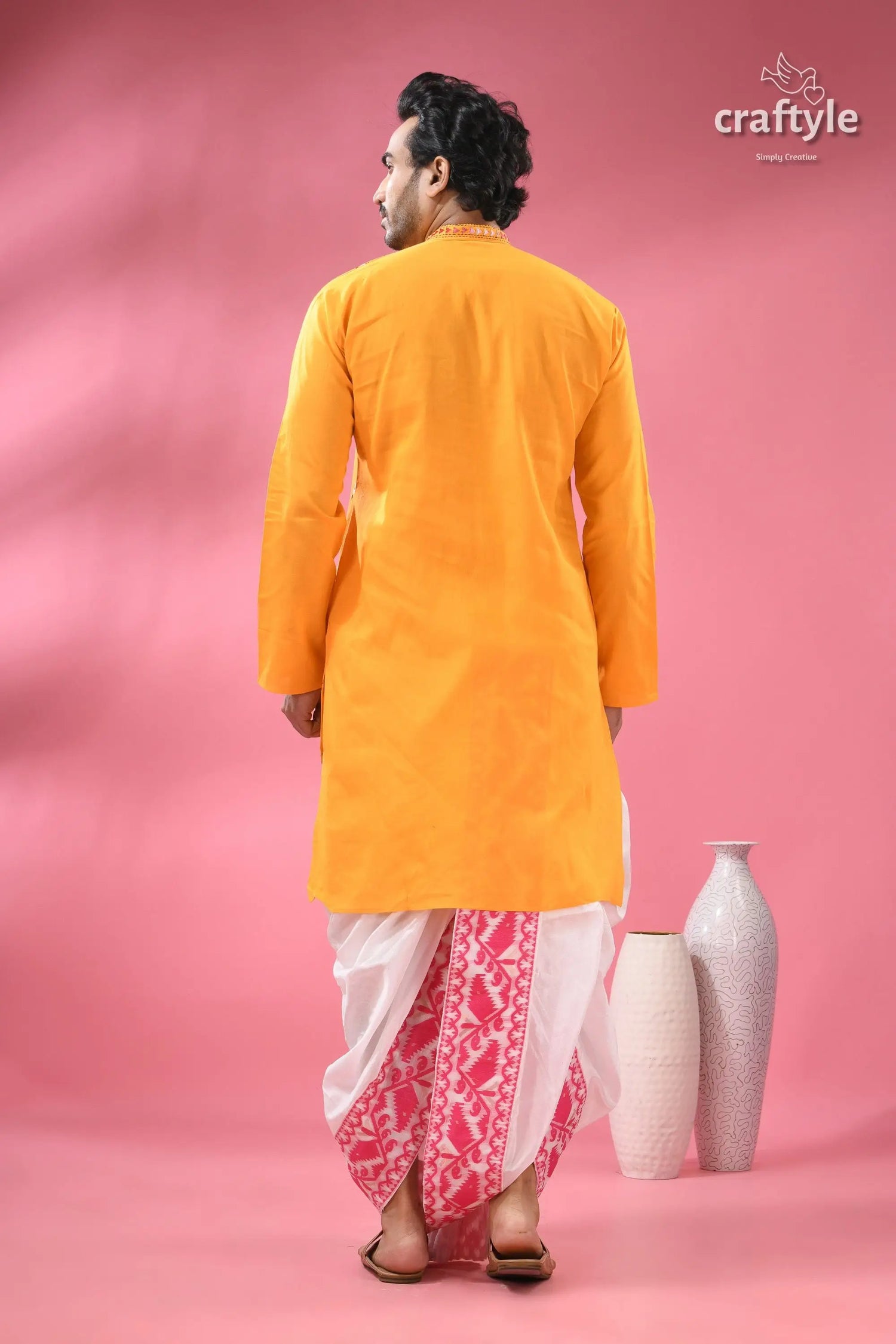 Marigold yellow kantha stitch cotton panjabi for men men’s yellow kurta white pink 7